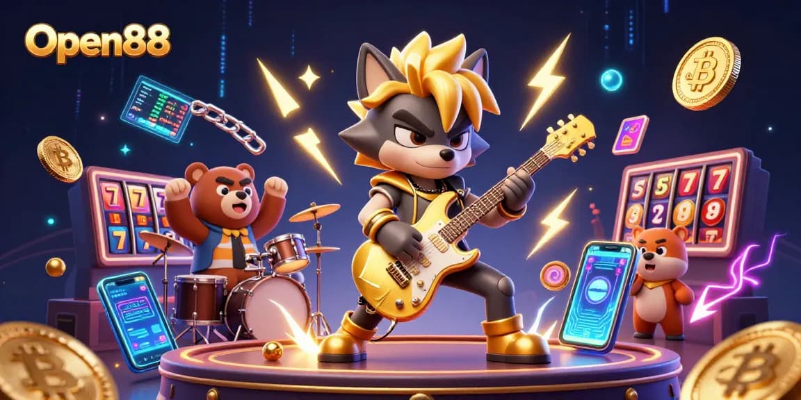 Engage in thrilling gameplay at Open88 with rock star characters on a vibrant casino stage.