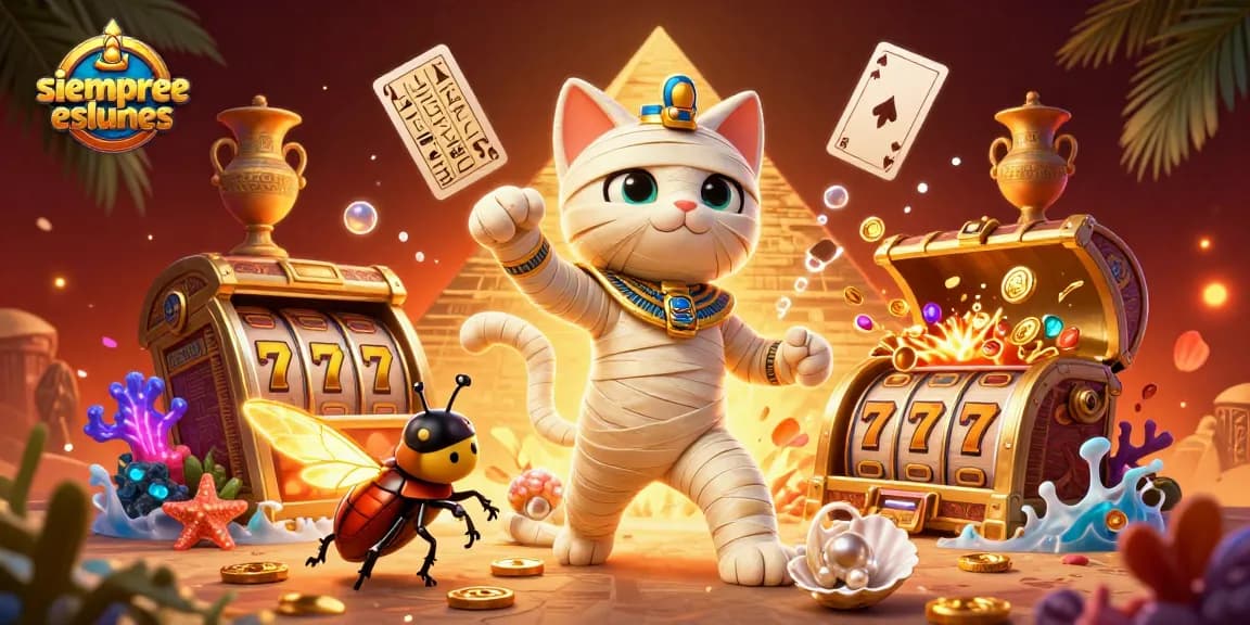 Engage in thrilling slot adventures with siempreeslunes featuring a cartoon Egyptian mummy cat and jackpot reels.