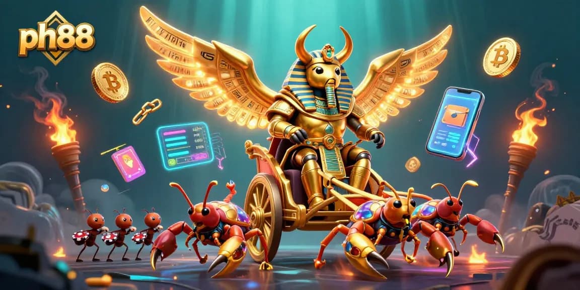 Engage with ph88's vibrant online gaming experience featuring golden characters, poker chips, and crypto coins.