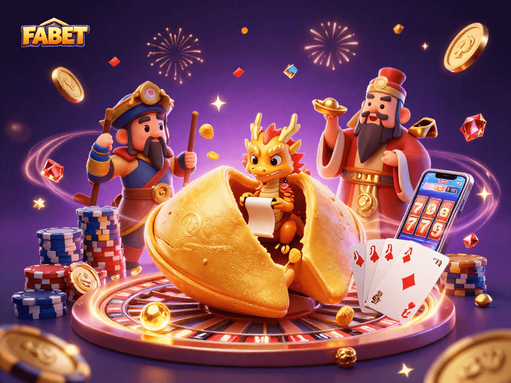 FABET captivates players with a magical casino scene filled with golden prizes and vibrant game elements.