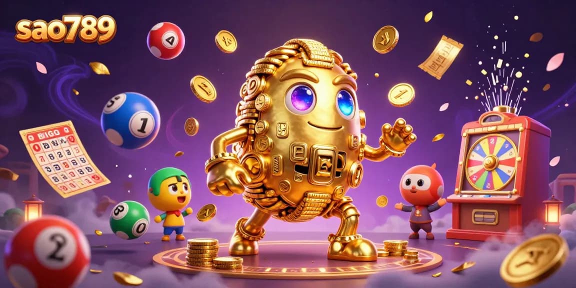 Engage with exciting games at sao789, featuring a dynamic illustration of a gold coin golem amidst lottery elements.