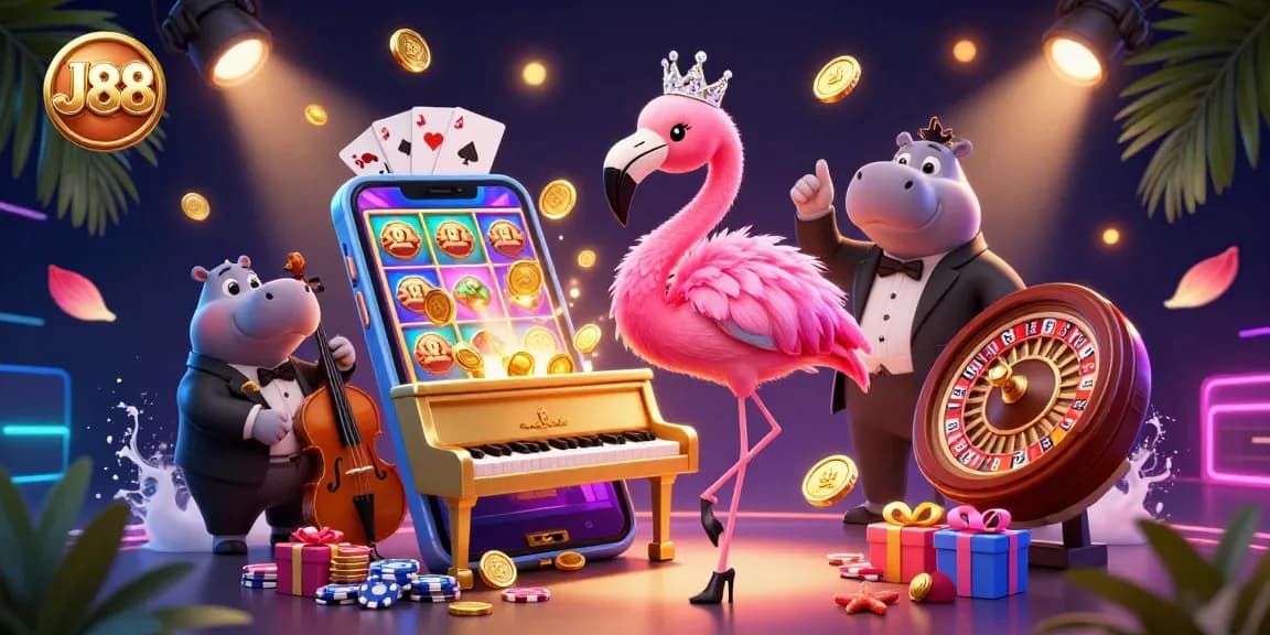 Experience a vibrant casino atmosphere at J88 with dynamic game action and colorful characters.