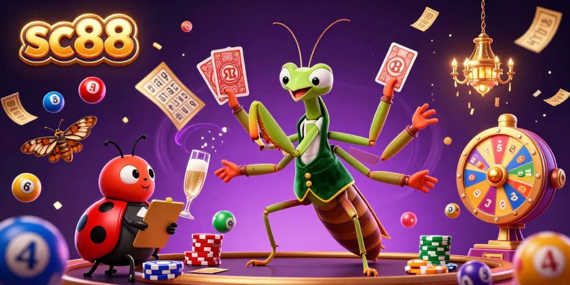 Experience thrilling gameplay with SC88's vibrant casino scene featuring a mantis dealer and ladybug pit boss.