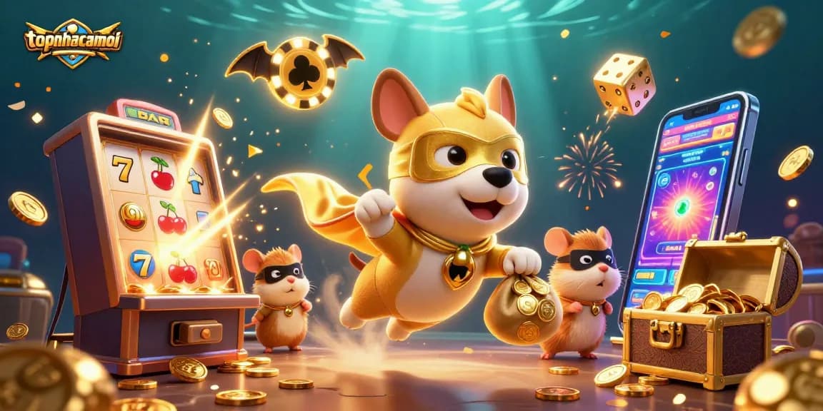 Join the adventure with topnhacaimoi's dynamic gaming scene featuring a superhero dog and colorful casino elements.