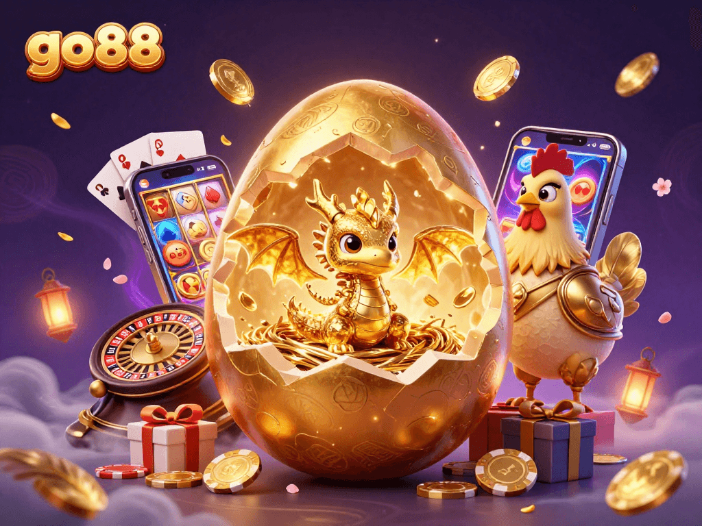 Experience excitement with go88 as a golden dragon emerges from a colossal egg among vibrant casino elements.