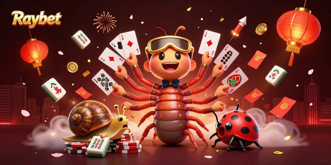 Raybet engages players with a 3D cartoon scene of a millipede dealer, snail high-roller, and pill bug, set in a vibrant casino.