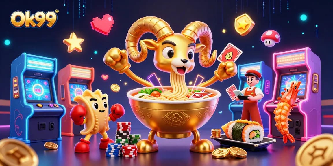 Engage with Ok99's vibrant casino experience featuring a golden ramen bowl dealer surrounded by lively gaming elements.