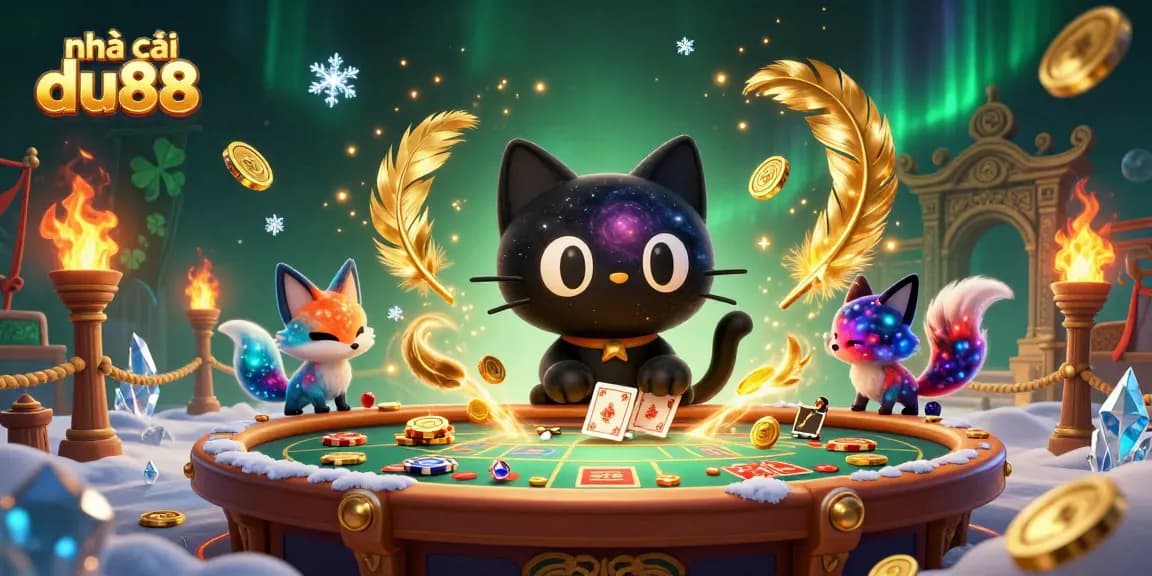 Engage with nhà cái du88's cosmic casino experience featuring a captivating black hole cat and nebula fox.