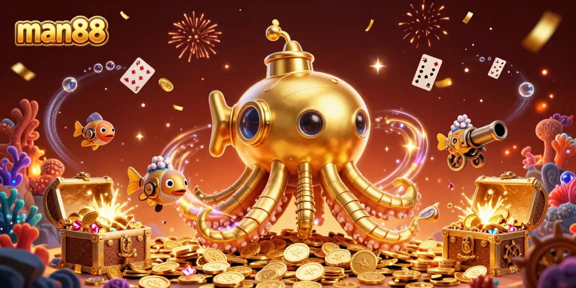 Experience thrilling wins at man88 with a vibrant illustration of a golden kraken submarine amidst treasure and excitement.