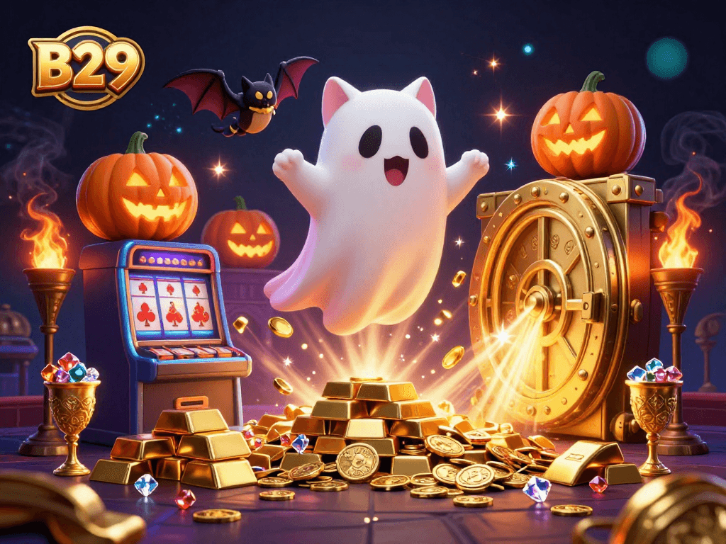 B29 captures thrilling moments in a haunted casino featuring a ghost cat and vampire bat among treasures and glowing jack-o-lanterns.