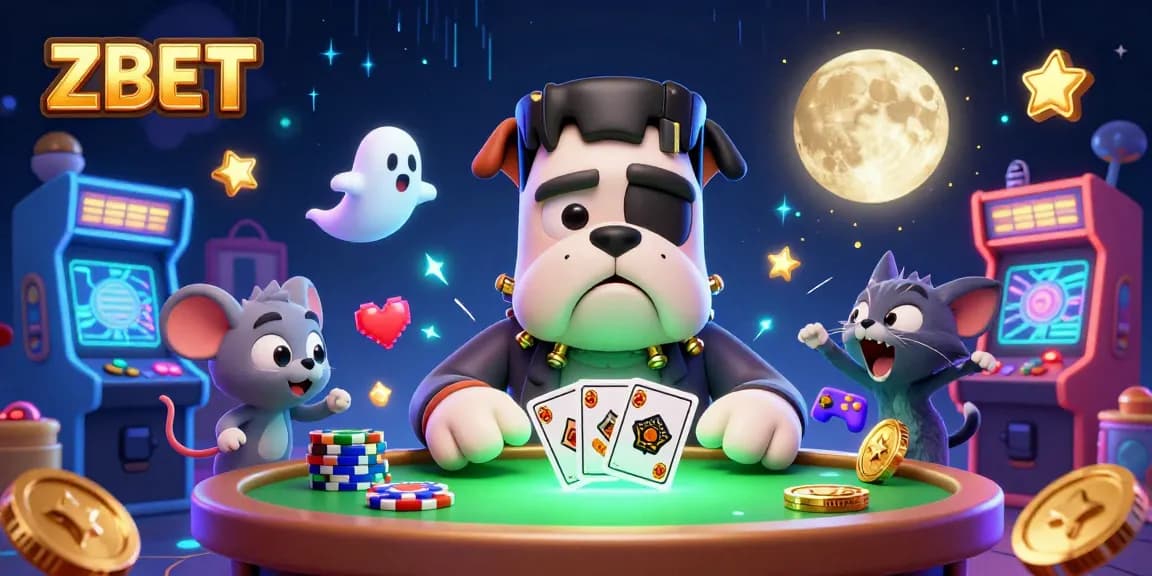 ZBET showcases an exciting casino scene with a Frankenstein bulldog and werewolf kitten dealing cards.