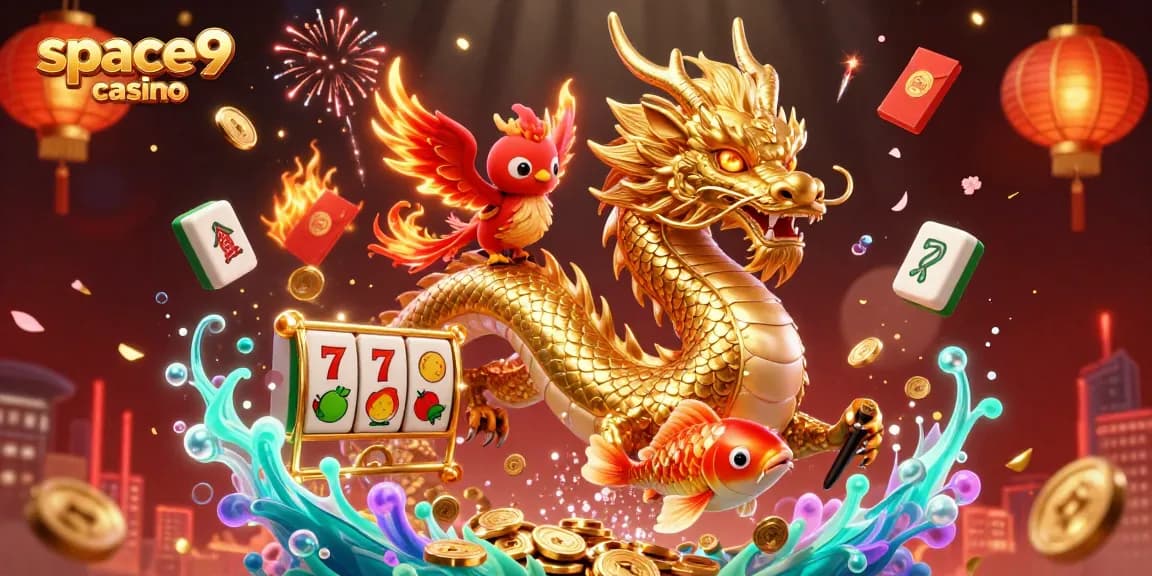 Engage with space9 casino's vibrant 3D gaming ecosystem, showcasing thrilling slots, lucky symbols, and dynamic characters.