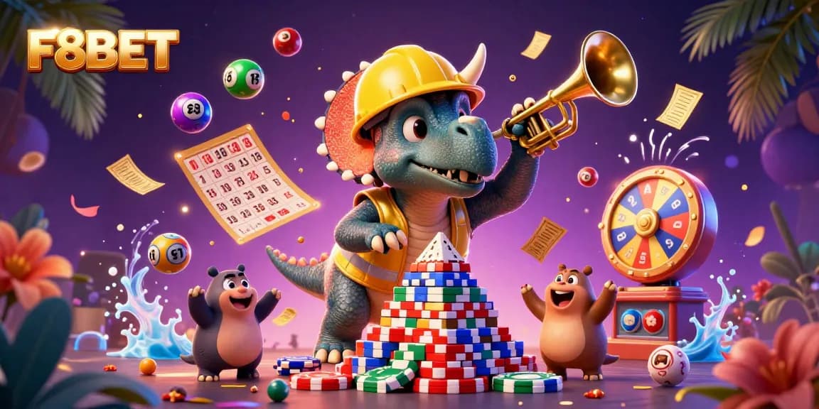 F8BET features a 3D cartoon triceratops and parasaurolophus celebrating with dynamic casino elements in a vibrant scene.
