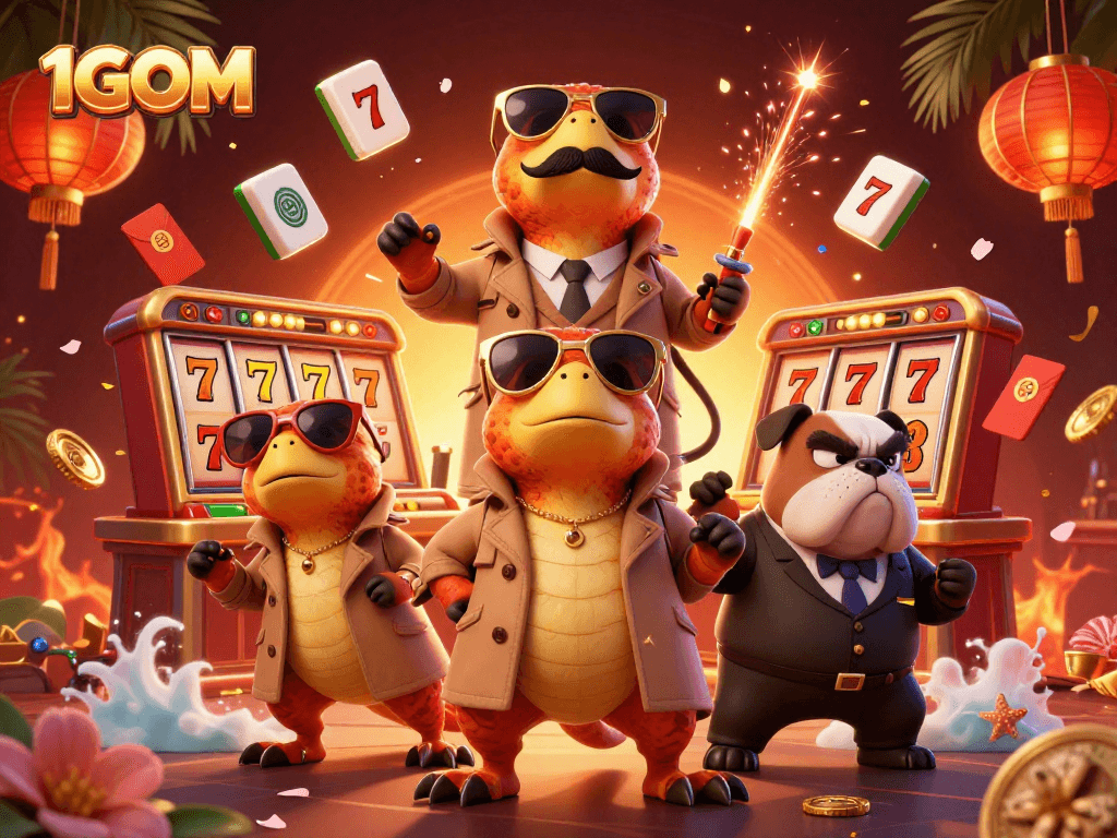 Experience the vibrant world of 1GOM as raptors enter a VIP casino lounge amidst slot reels and festive decorations.