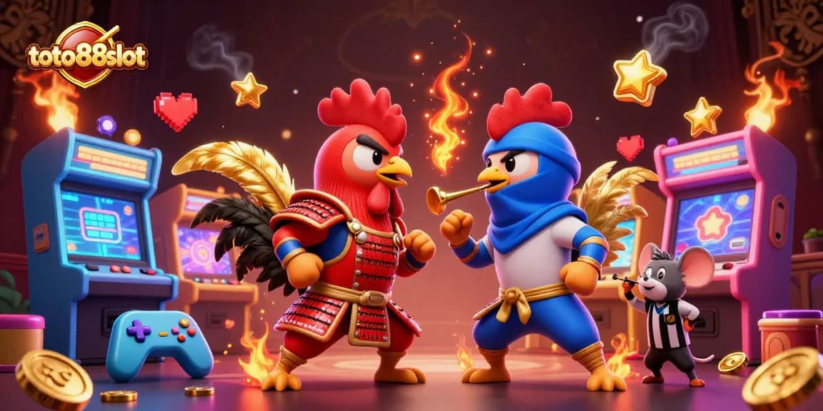 Engage with thrilling action at TOTO88SLOT featuring fighting roosters in a dynamic gambling scene.