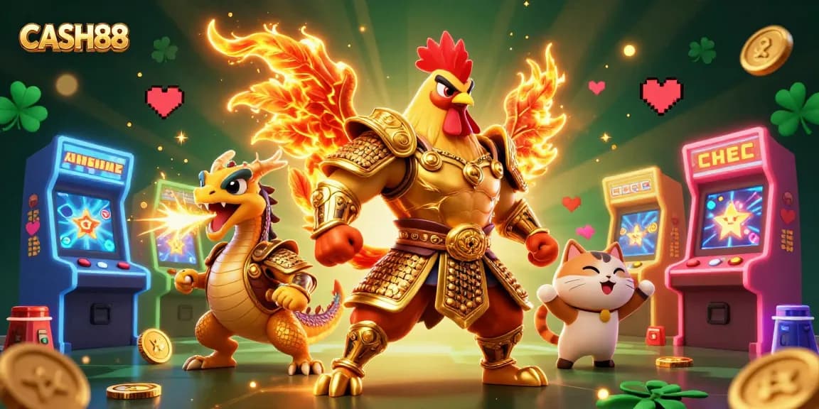 CASH88 invites users to engage in thrilling gaming with a golden dragon and samurai rooster amidst vibrant arcade machines.