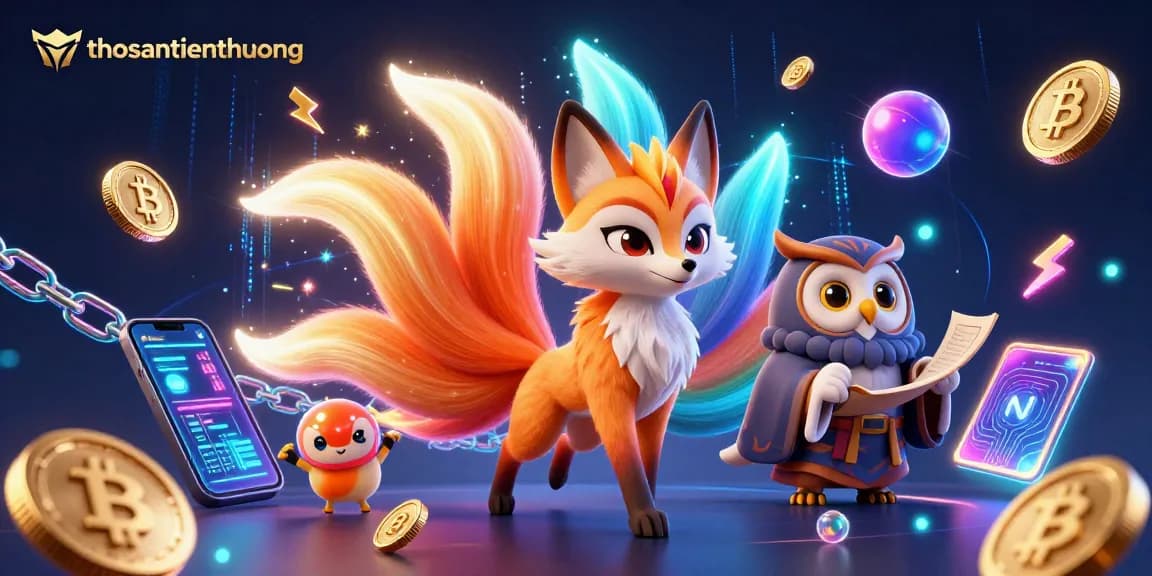 Engage in thosantienthuong with vibrant 3D characters amidst colorful crypto elements.