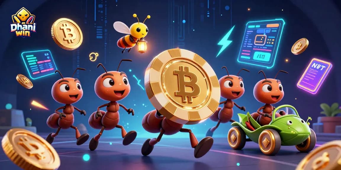 Dhani win game features 3D cartoon ants heisting a giant poker chip in an immersive casino-themed illustration.