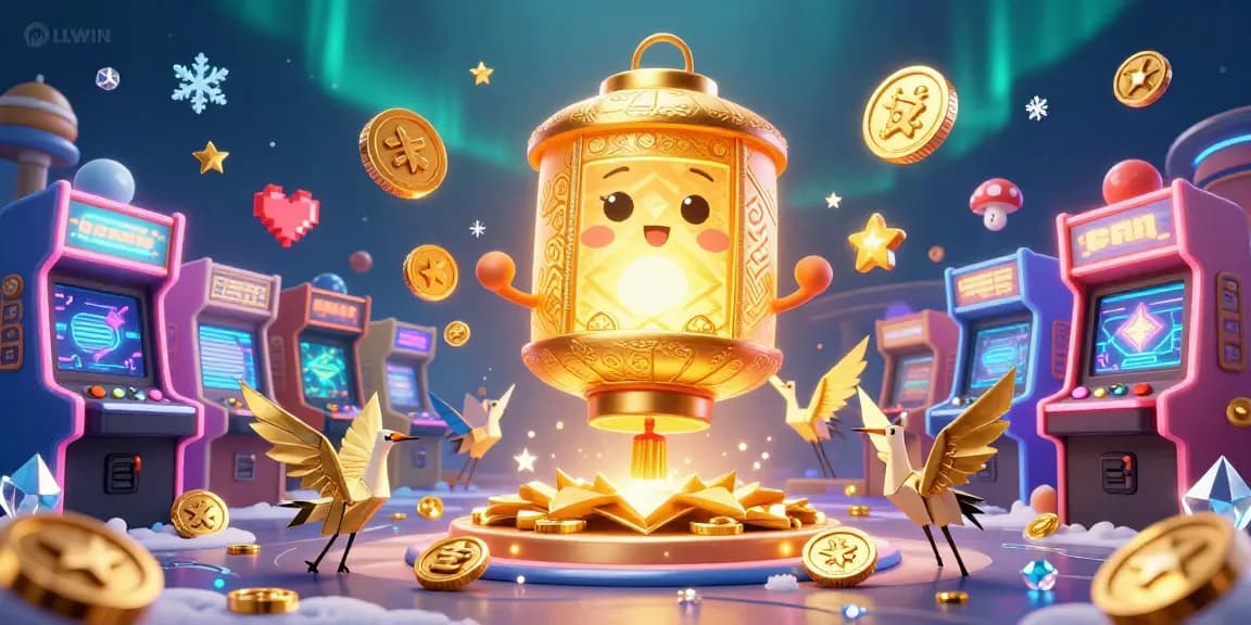 Experience gaming excitement at LLWIN with a magical golden lantern spirit surrounded by dynamic casino elements.