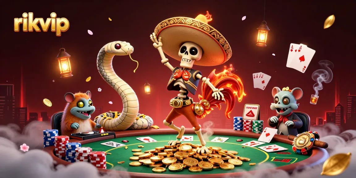 rikvip showcases vibrant skeleton mariachi celebrating in a dynamic casino scene surrounded by poker elements and golden coins