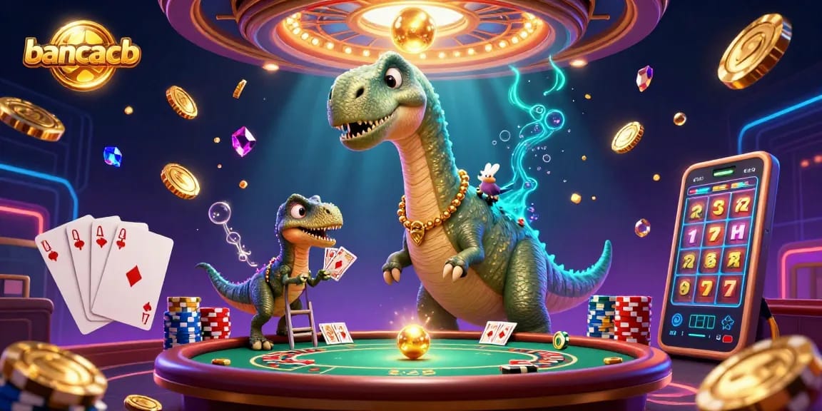 Engage with bancaucb's 3D gaming scene featuring a playful brontosaurus and raptor among casino elements.