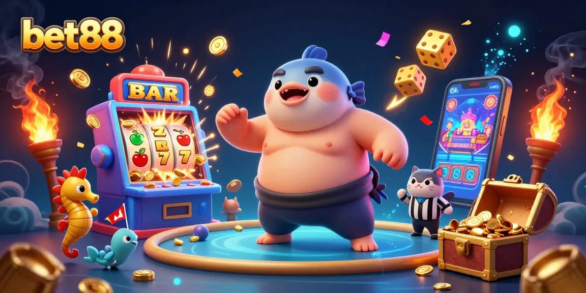 Engage with the exhilarating world of bet88, featuring an animated scene of vibrant characters and casino excitement.