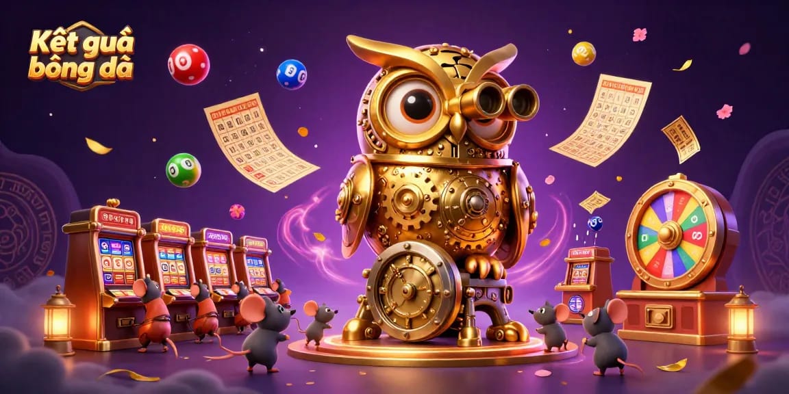 Experience Kết quả bóng đá with engaging 3D illustration of an owl guiding tiny patrons in a vibrant casino setting.