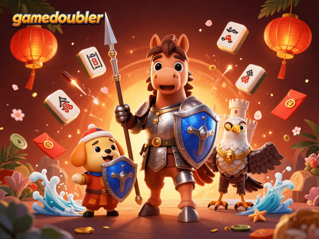 Experience the thrill of gamedoubler with vibrant gaming elements surrounding medieval knight and friends.