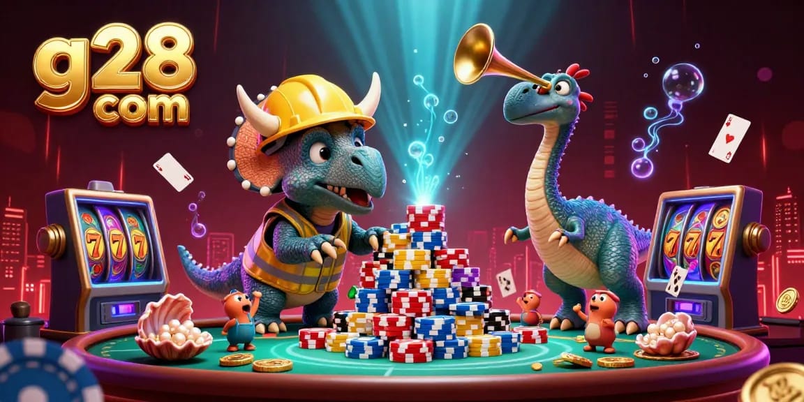 Join the fun at g28 com with exciting slots and poker, surrounded by vibrant casino elements.