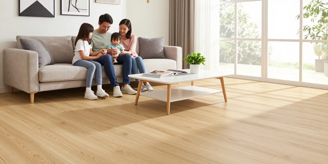 Family enjoying smart flooring ideas for renovations in a cozy living room with engineered wood floor.