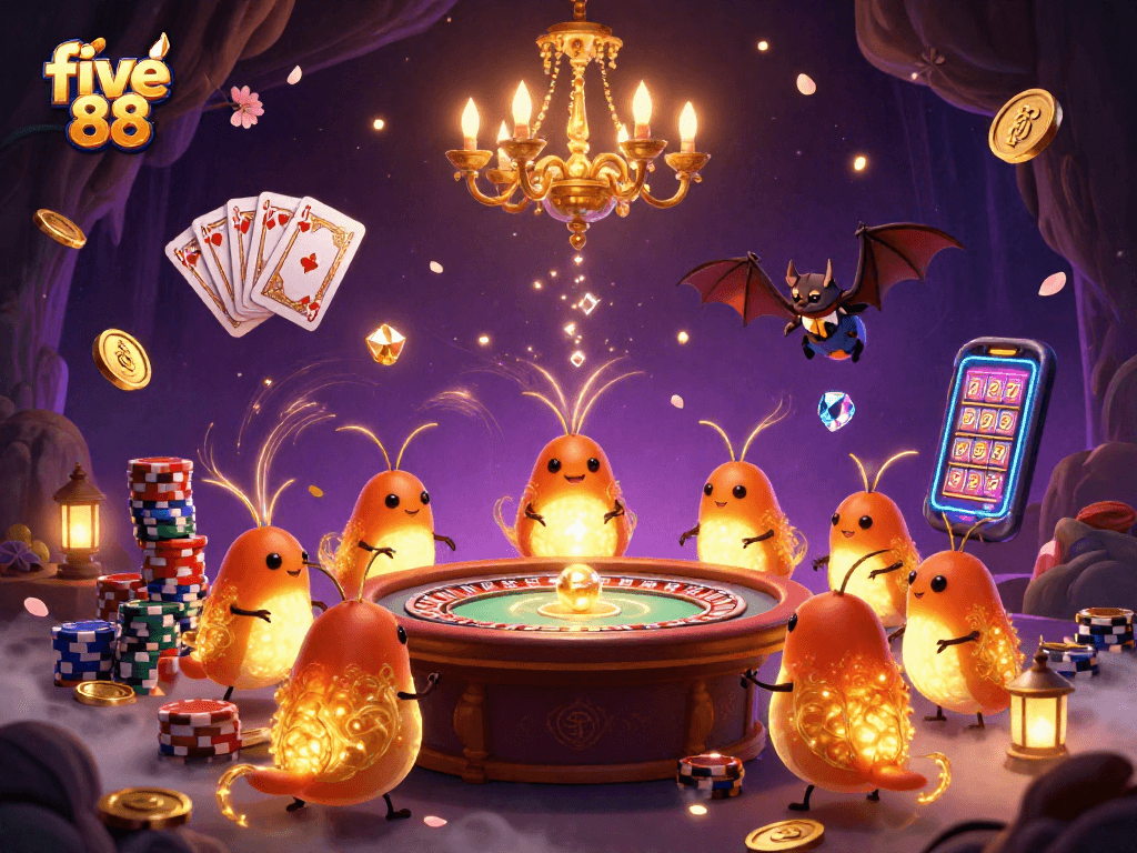 Experience thrilling gameplay at five 88 with vibrant glowworms lighting a cave casino filled with exciting gaming elements.