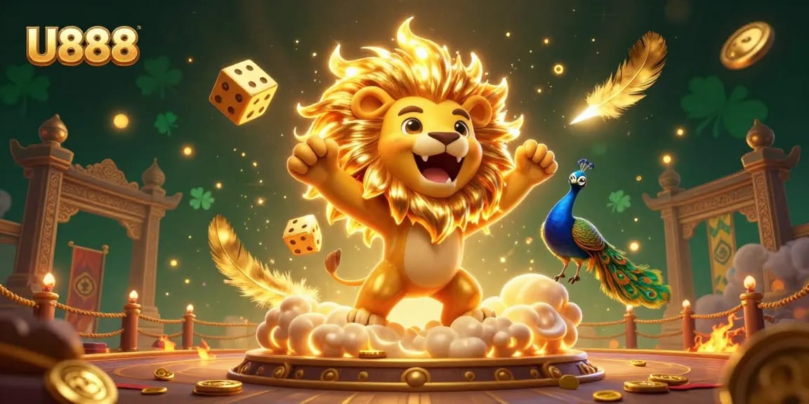 Experience thrilling betting at U888 with a roaring cartoon sun lion and dynamic casino elements.