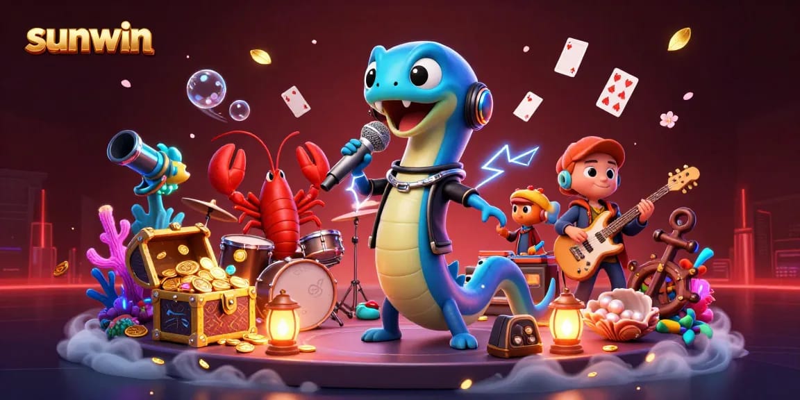 Experience exciting gameplay at sunwin with a thrilling underwater casino illustration featuring an electric eel DJ.