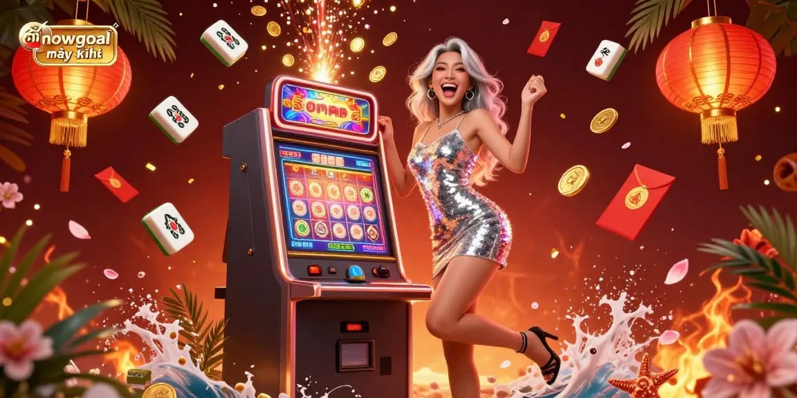Experience the excitement of nowgoal mới nhất as a stunning Asian woman celebrates a jackpot win, surrounded by vibrant casino elements.