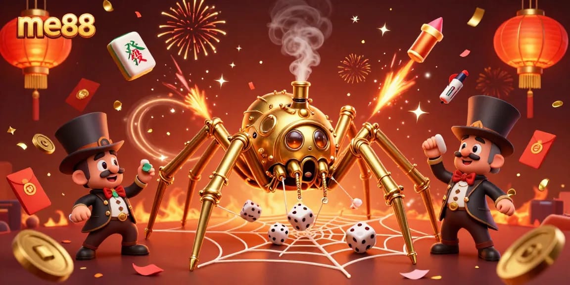 Experience the thrilling games at me88 with a vibrant steampunk spider and animated casino elements in action.