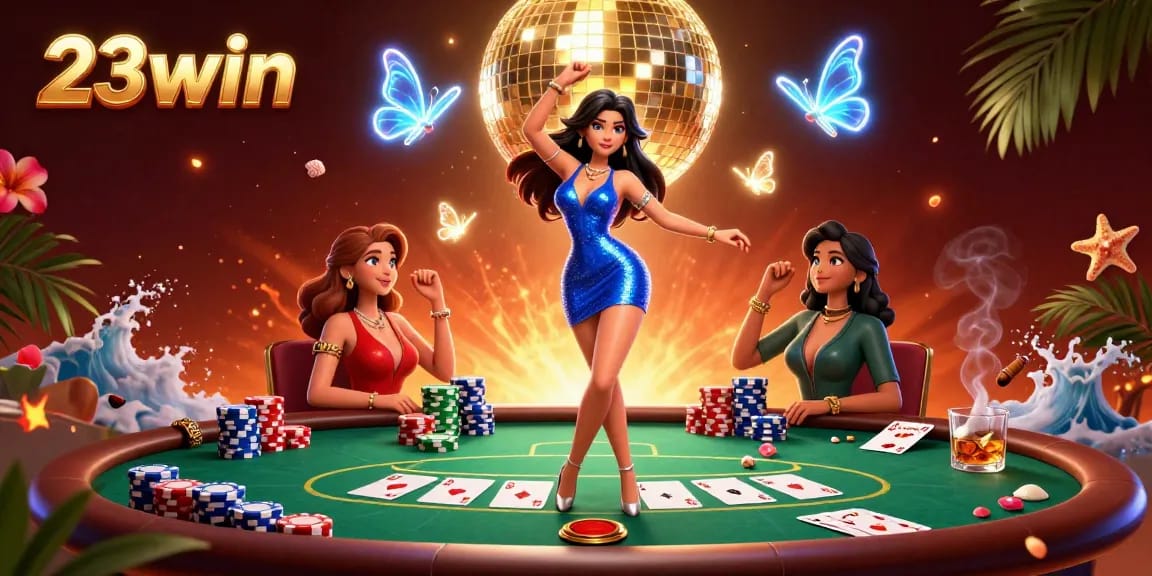Experience the thrill of 23win with a dazzling casino scene featuring a glamorous dancer and poker elements.