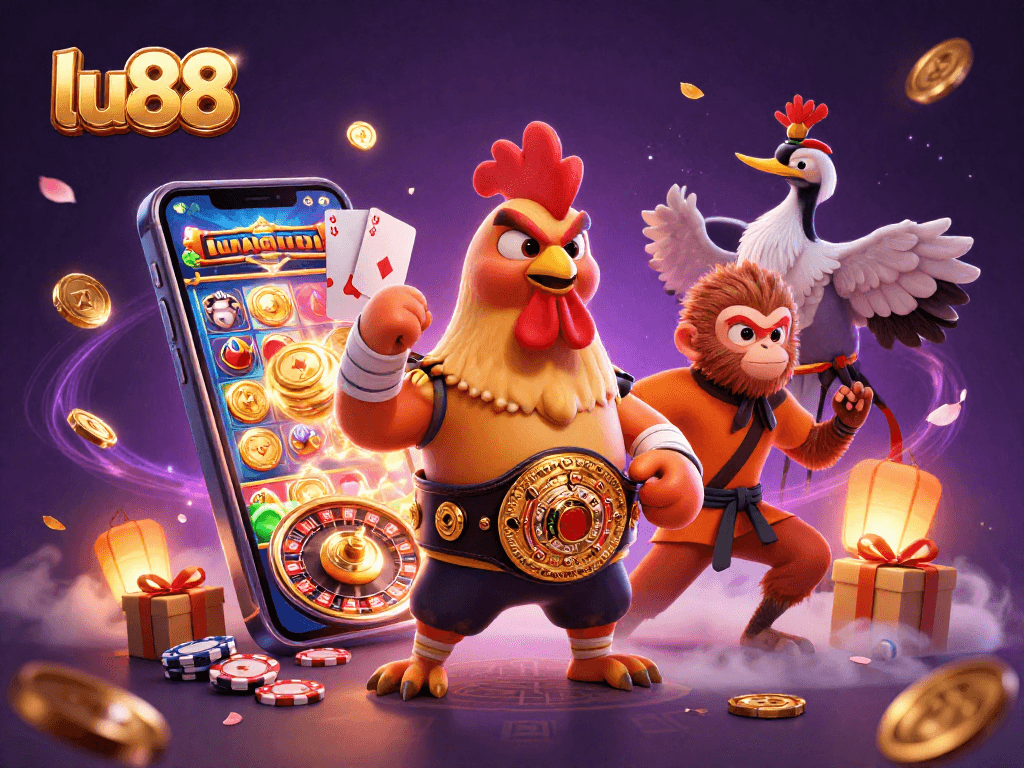 Experience exciting actions at lu88 with a dynamic scene featuring casino games and engaging characters.