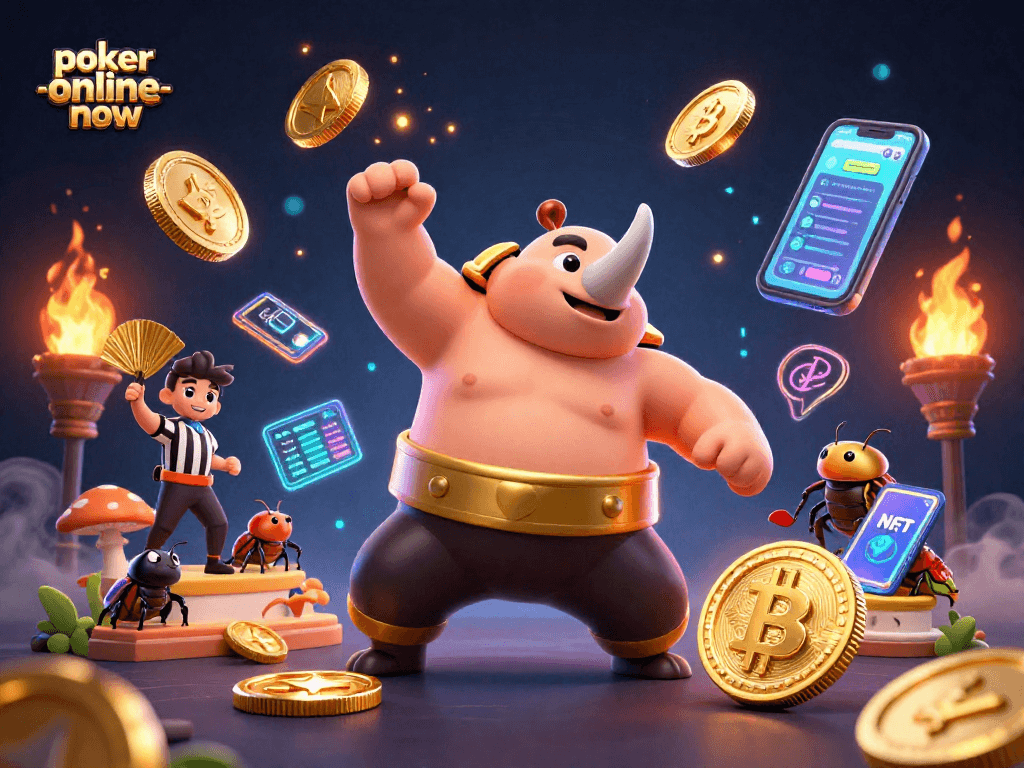 Engage in thrilling gameplay at poker-online-now as a beetle champion stomps and sends coins flying.