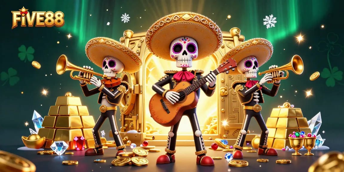 Join the excitement at FIVE88 with vibrant 3D mariachi skeletons and treasures during gameplay.