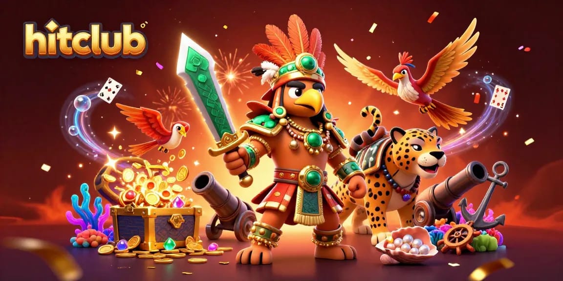 Hitclub showcases winning strategies in this vibrant 3D casino scene filled with treasure and excitement.