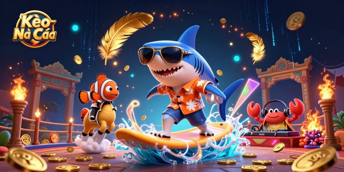 Kèo Nhà Cái showcases a hammer-head shark surfing on gold coins amidst dynamic gambling elements.