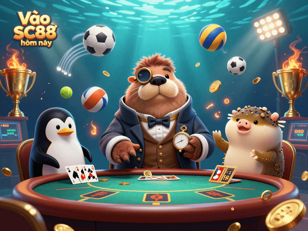 Join the underwater casino fun with Vào SC88 hôm nay showcasing a betting walrus, penguin dealer, and bluffing pufferfish.