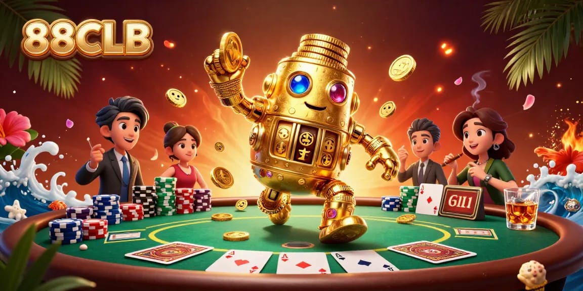 Engaging 88CLB casino illustration showcasing a golden golem with mesmerizing slot symbols