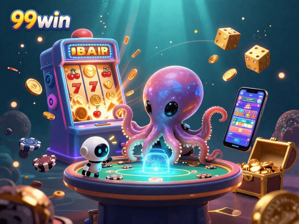 Engage in exciting games with 99win featuring a vibrant 3D alien octopus on a holographic poker table.
