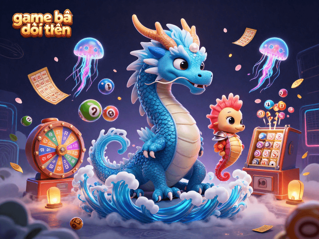 Engage with game bài đổi thưởng through a vibrant 3D illustration featuring an azure water dragon and dynamic lottery elements.