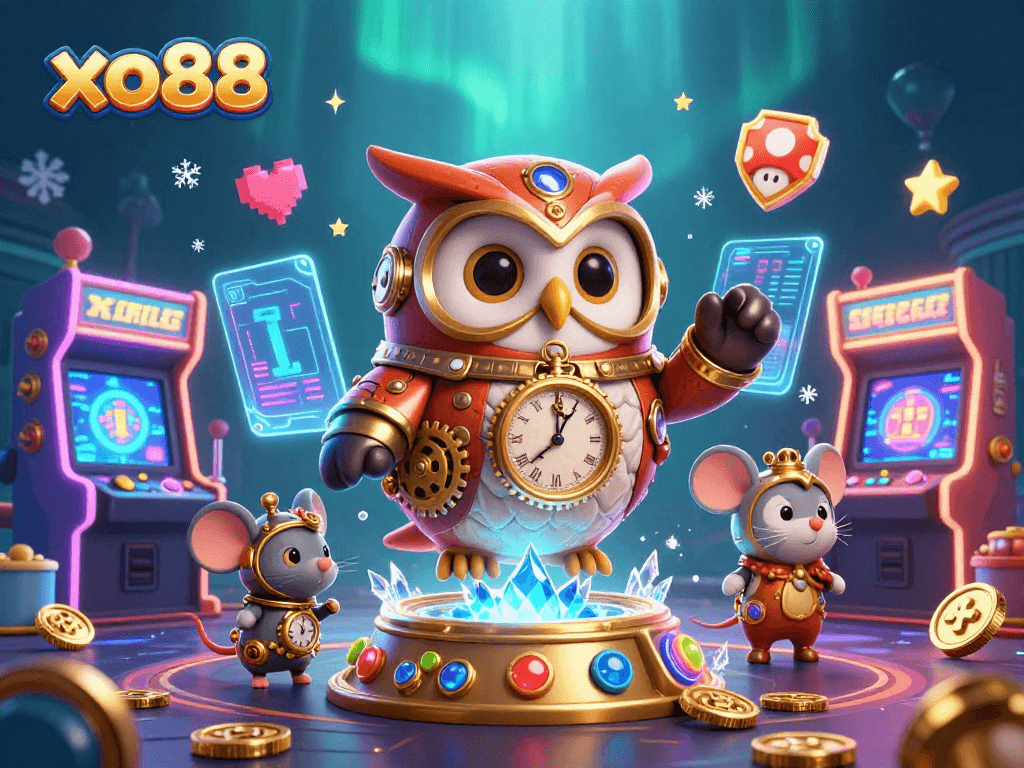 Play with xo88 in this vibrant casino scene featuring a time-traveler owl amidst exciting gaming elements.
