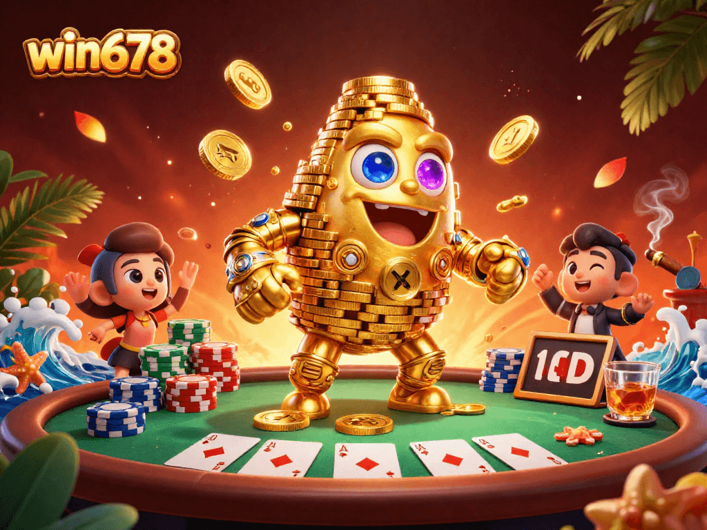 Win678 showcases a thrilling casino experience with dynamic poker elements and golden golem characters.