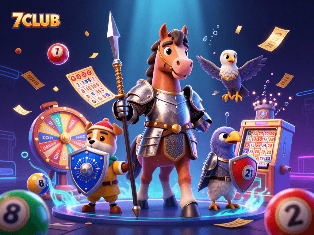 Experience thrilling moments at 7CLUB with vibrant casino elements and engaging characters.