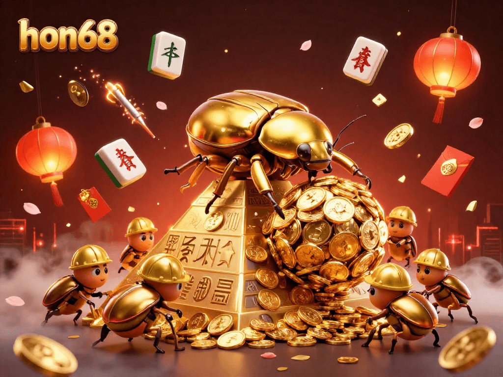 hon68 engages players with an energetic scene featuring golden beetles amidst casino symbols, celebrating luck and excitement.