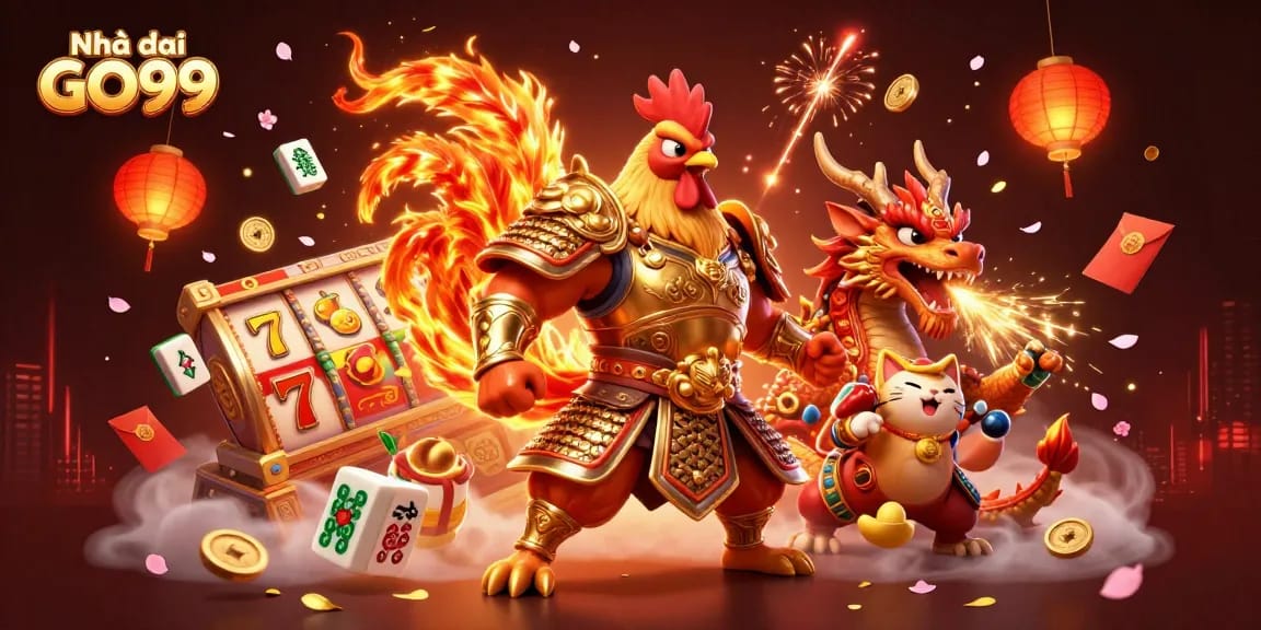 Play slots at Nhà cái GO99 with dynamic visuals of rooster warriors and dragons.